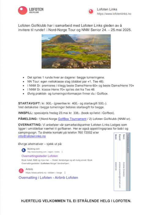 Invitasjon til Nord-Norge Tour runde 1 og NNM Senior på Lofoten Links 24. - 25. mai 2025